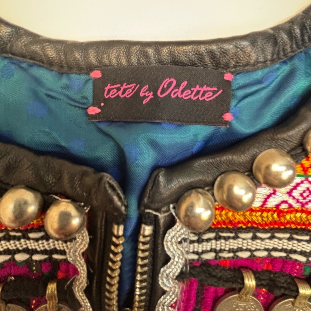 teté by Odette Embellished Leather Jacket Vintage Hmong Tribal OOAK Boho - Picture 3 of 16
